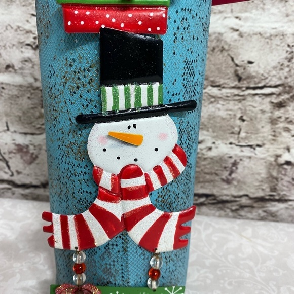 Holiday Tin Tote Snowman Winter Theme for gifted bottles or home decor - Picture 2 of 7